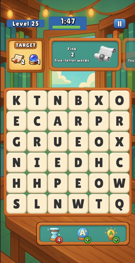 Word Search and Chill gameplay board showing a level timer, objectives, letter tiles, and power-ups.